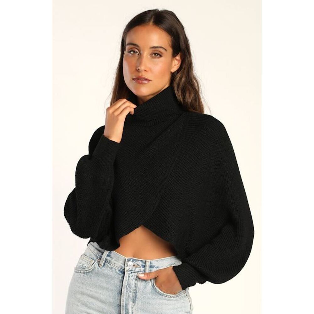 Lulus Breezy Mornings Black Turtleneck Cross Front Cropped Sweater - Size M